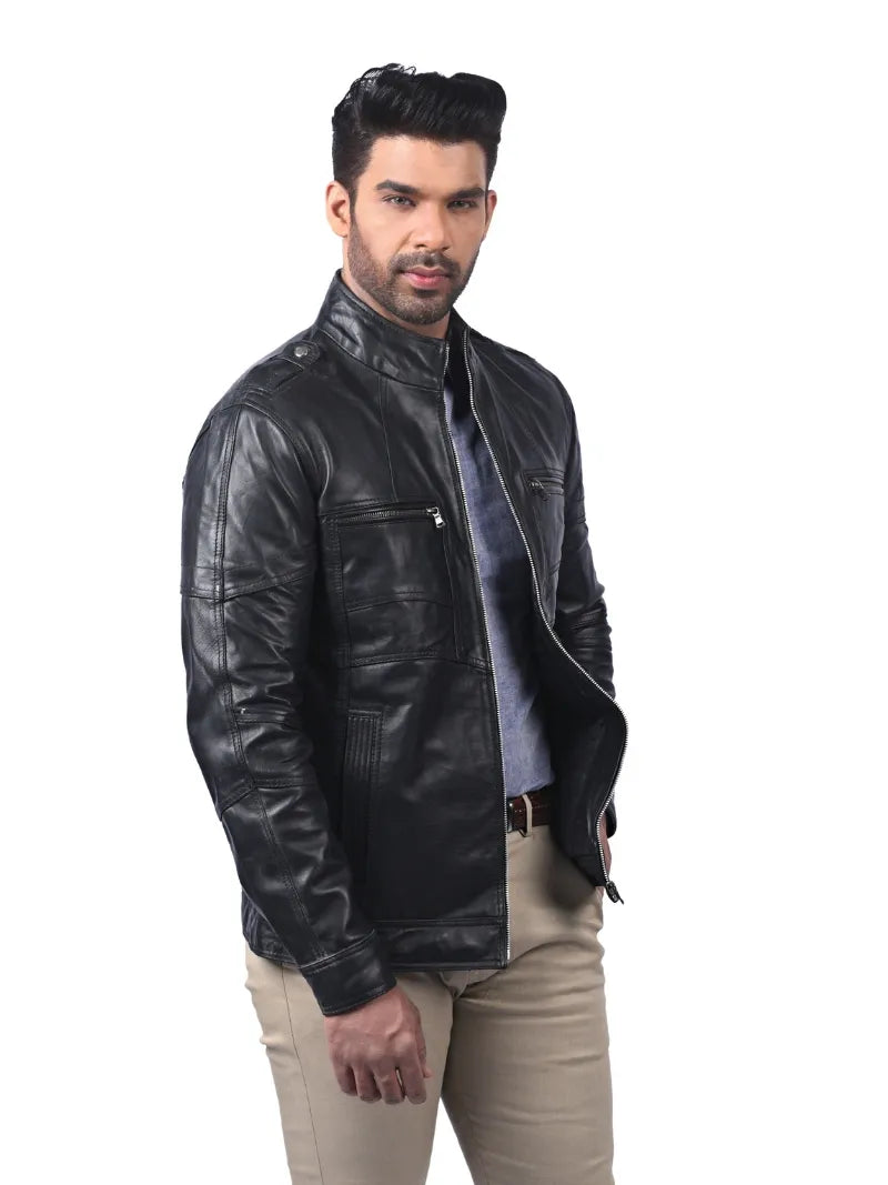 Men’s Black Leather Jacket with Zip Pockets Right