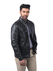 Men’s Black Leather Jacket with Zip Pockets Right
