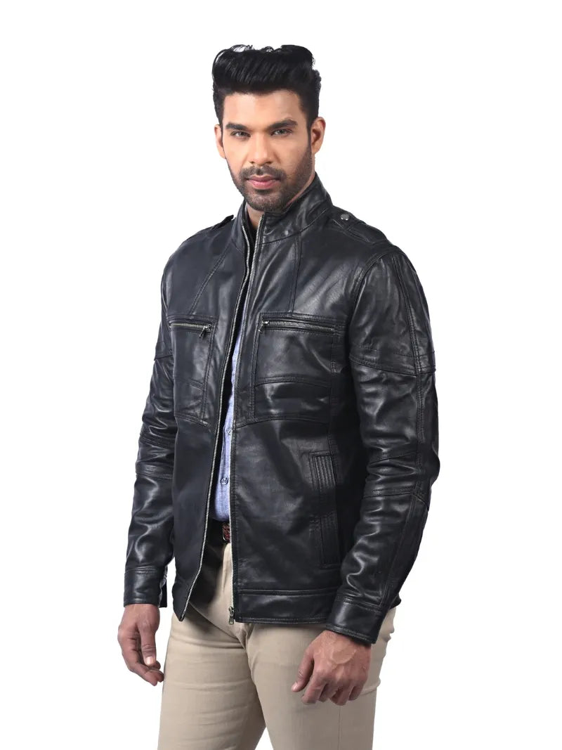 Men’s Black Leather Jacket with Zip Pockets Left 
