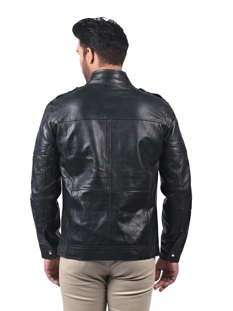 Men’s Black Leather Jacket with Zip Pockets Back