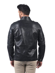Men’s Black Leather Jacket with Zip Pockets Back