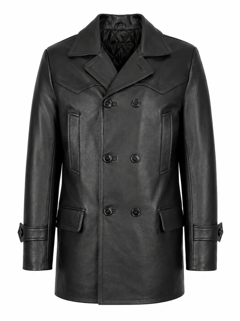 Men's Black Leather Peacoat
