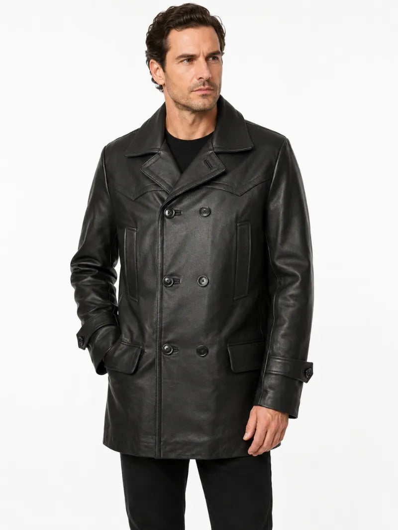 Men's Black Leather Peacoat