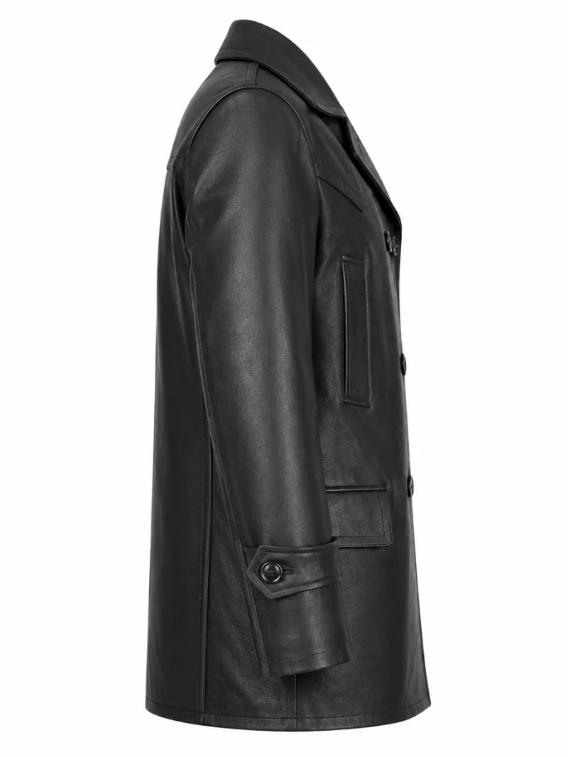 Men's Black Leather Peacoat