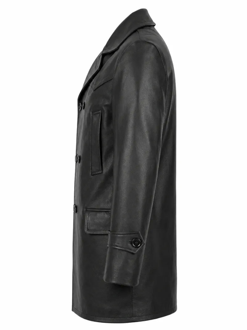 Men's Black Leather Peacoat