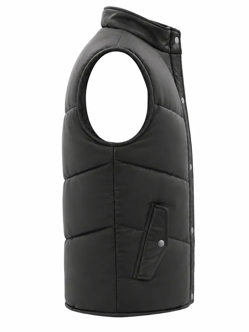 Men's Black Leather Puffer Vest