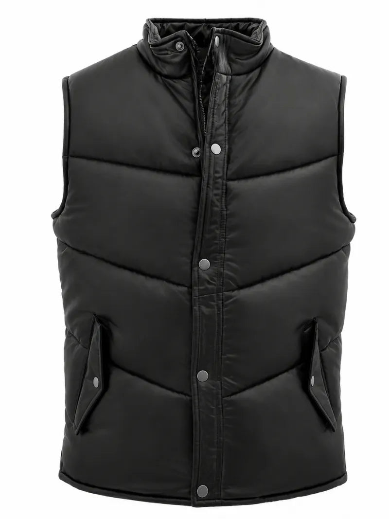 Men's Black Leather Puffer Vest