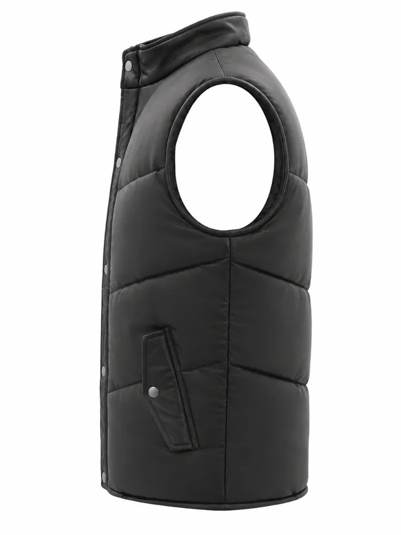 Men's Black Leather Puffer Vest