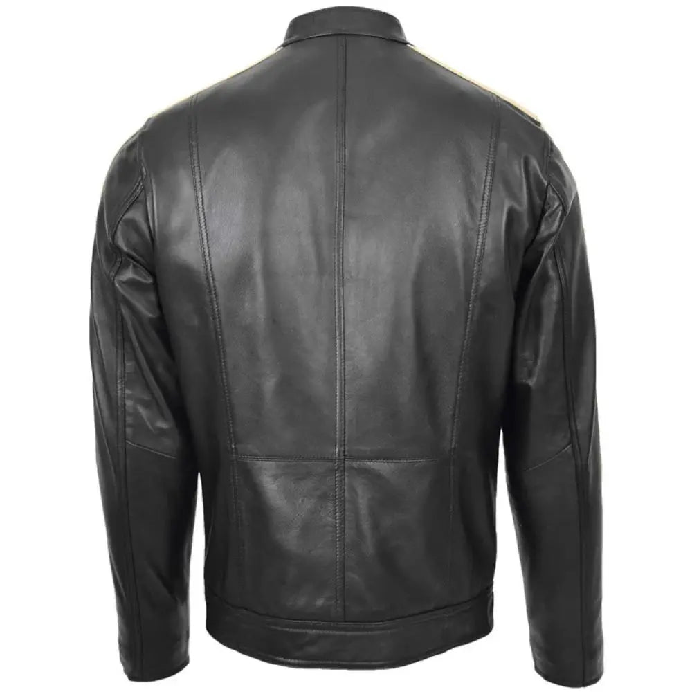 Men's Black Leather Racing Stripes Biker Jacket
