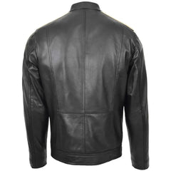 Men's Black Leather Racing Stripes Biker Jacket