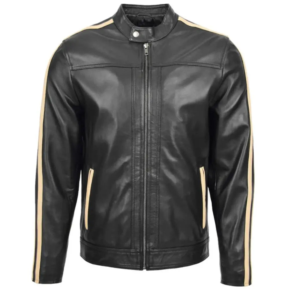 Men's Black Leather Racing Stripes Biker Jacket