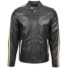 Men's Black Leather Racing Stripes Biker Jacket
