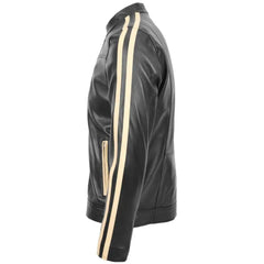 Men's Black Leather Racing Stripes Biker Jacket
