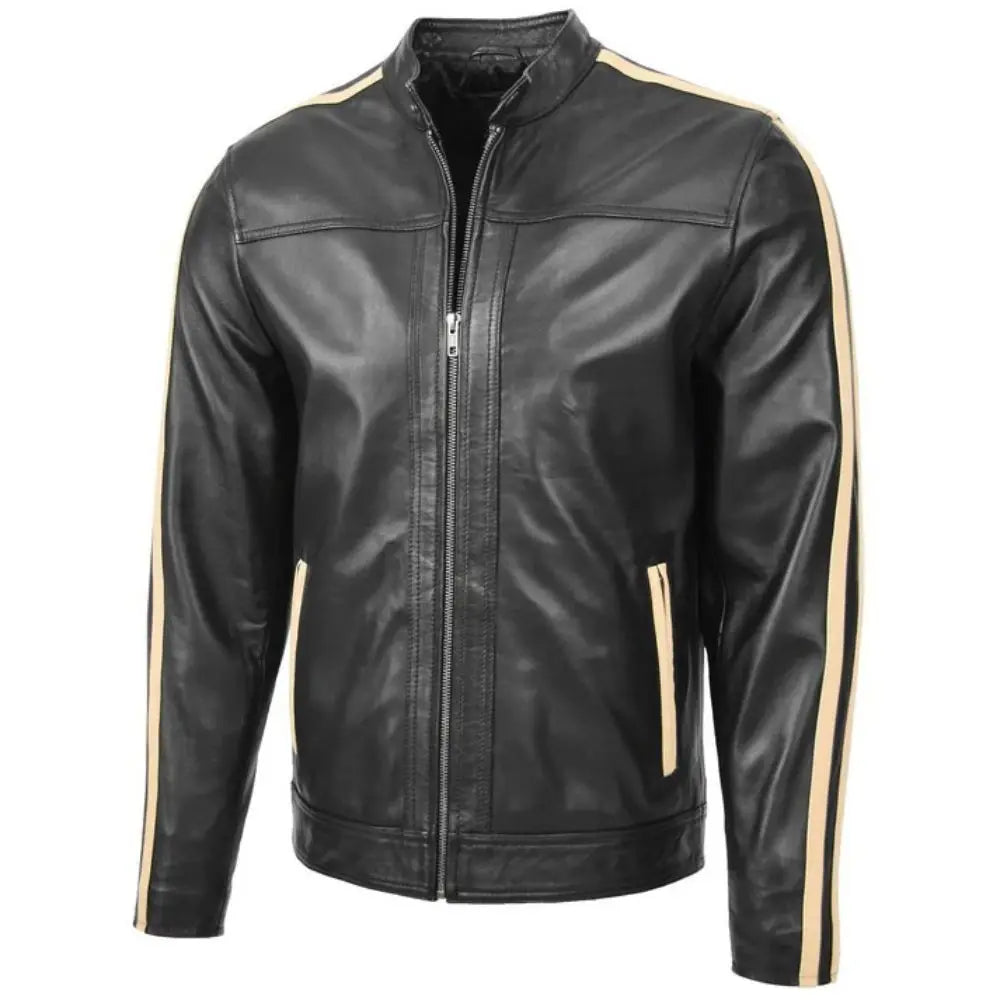 Men's Black Leather Racing Stripes Biker Jacket