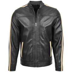 Men's Black Leather Racing Stripes Biker Jacket