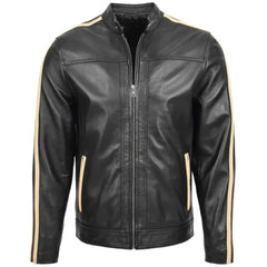 Men's Black Leather Racing Stripes Biker Jacket