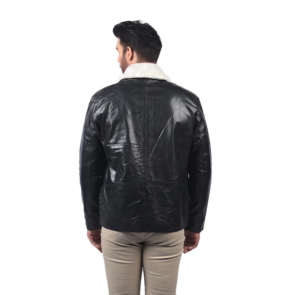 Men’s Black Leather Shearling Collar Button Front Coat