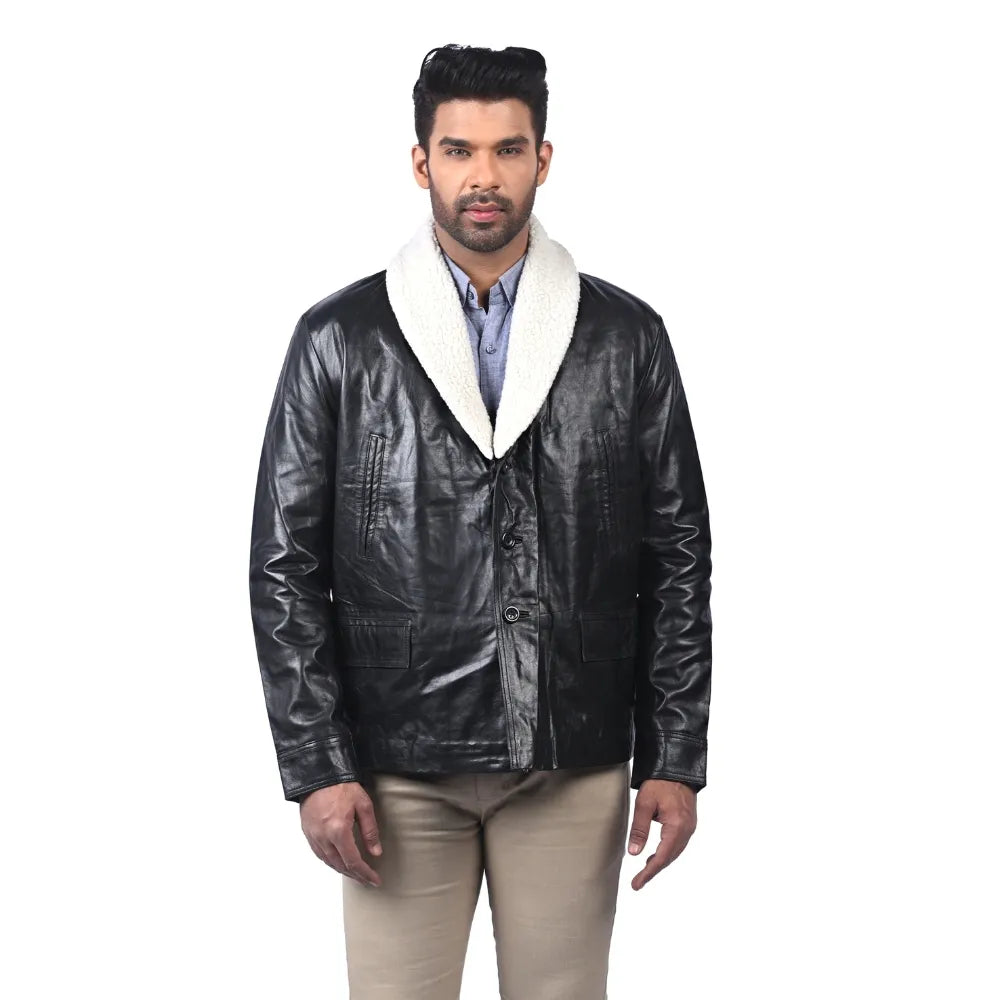 Men’s Black Leather Shearling Collar Button Front Coat