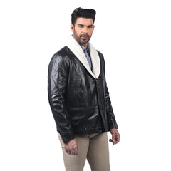 Men’s Black Leather Shearling Collar Button Front Coat