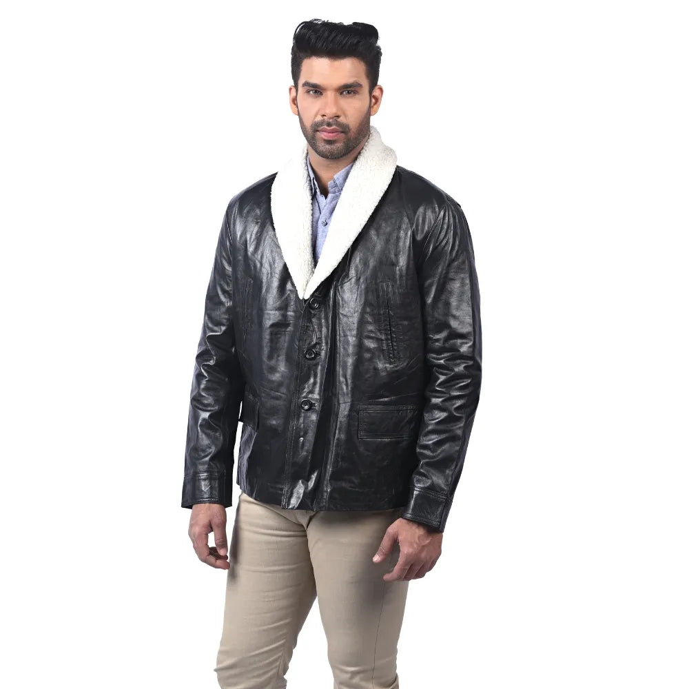 Men’s Black Leather Shearling Collar Button Front Coat
