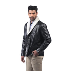 Men’s Black Leather Shearling Collar Button Front Coat
