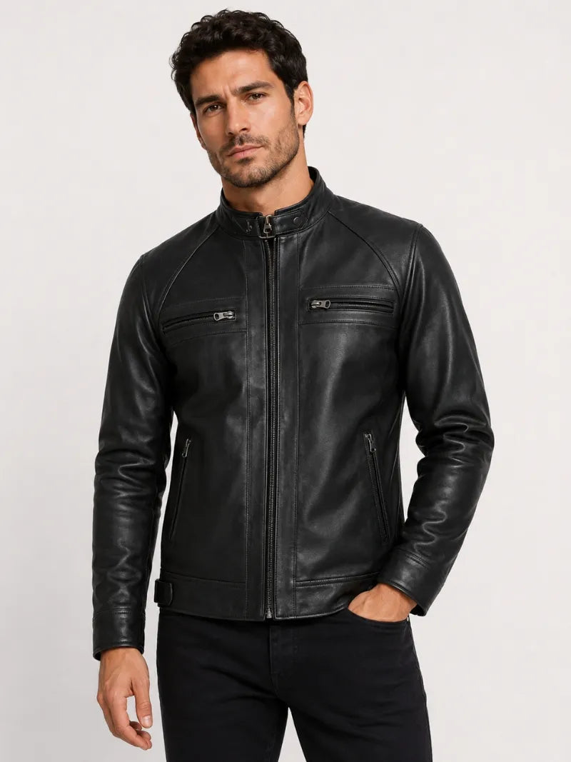 Men's Black Leather Snap-tab Collar Jacket Full 