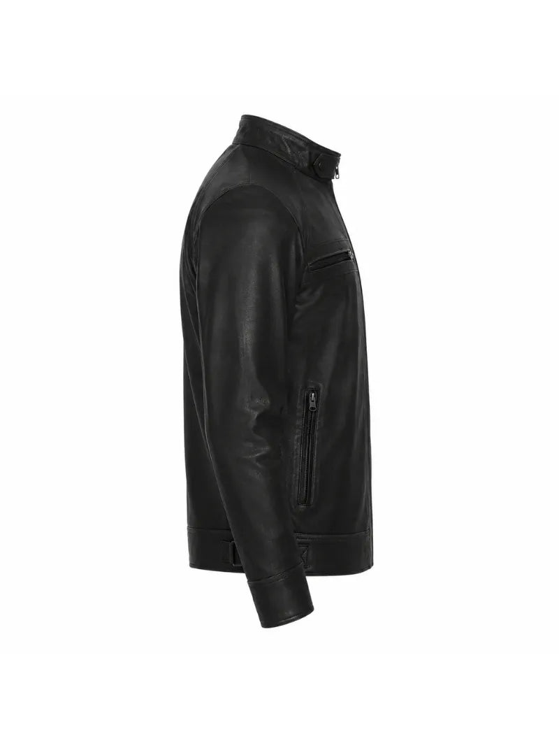 Men's Black Leather Snap-tab Collar Jacket Right 