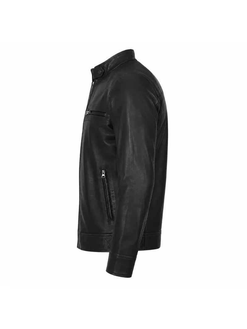 Men's Black Leather Snap-tab Collar Jacket Left 