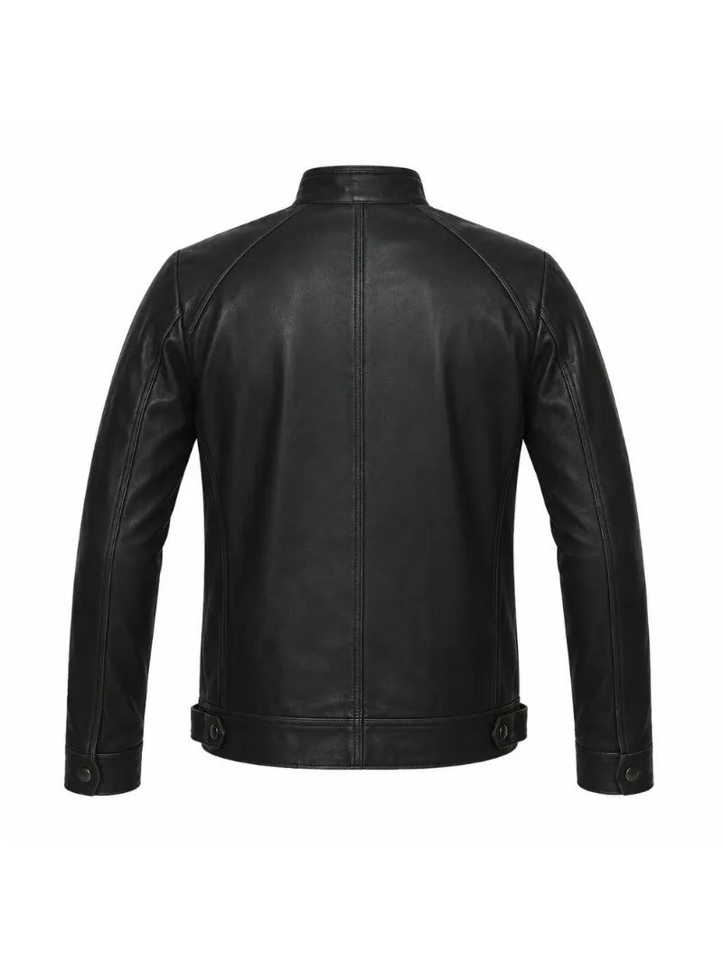 Men's Black Leather Snap-tab Collar Jacket Back 
