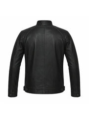 Men's Black Leather Snap-tab Collar Jacket Back 