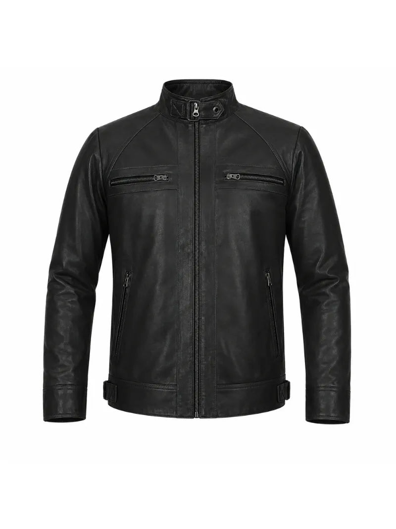 Men's Black Leather Snap-tab Collar Jacket Front 