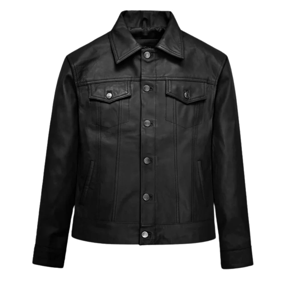 Men’s Black Leather Trucker Jacket