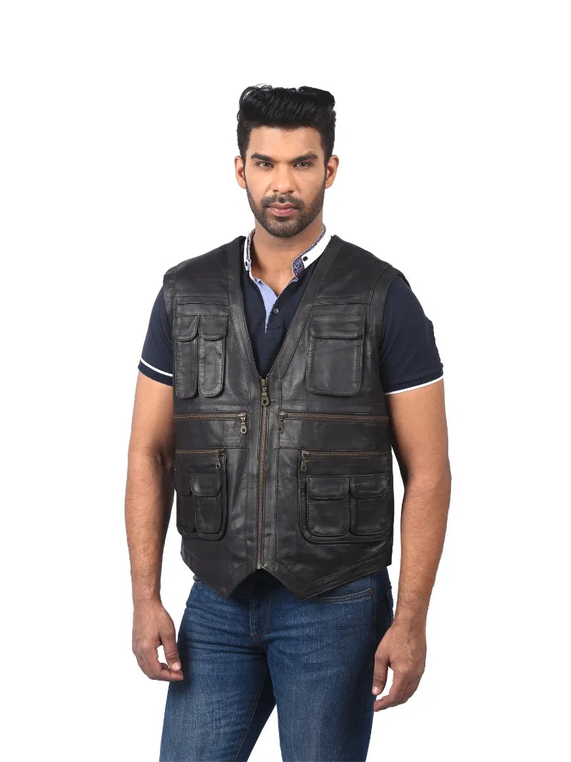 MEn black leather utility vest full