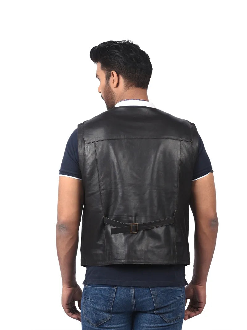 Men’s Black Leather Utility Vest Back