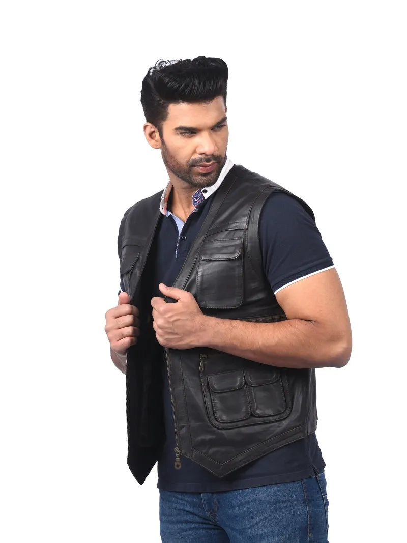 MensBlackLeatherUtilityVest left