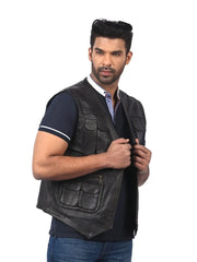 Men’s Black Leather Utility Vest Left