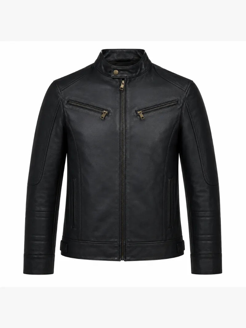 Men's Black Leather Zip Chest-Pocket Jacket Front 
