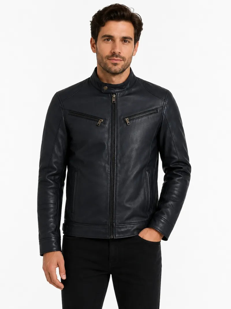 Men's Black Leather Zip Chest-Pocket Jacket Full