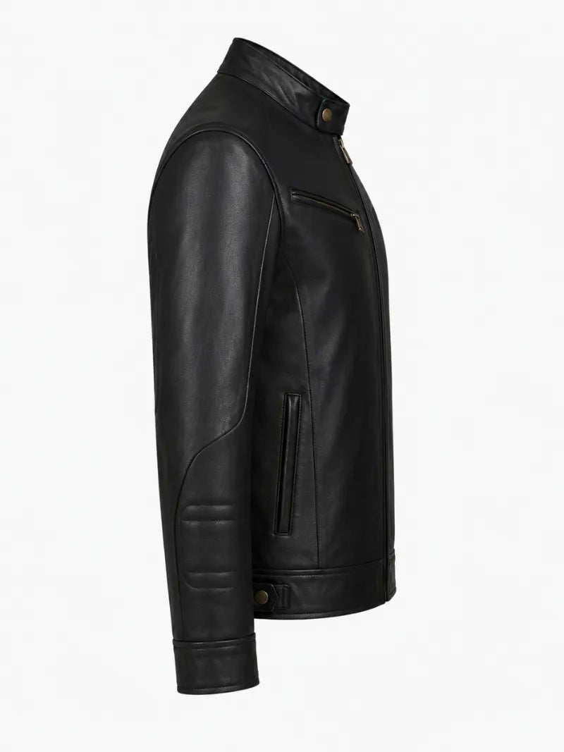 Men's Black Leather Zip Chest-Pocket Jacket Right 