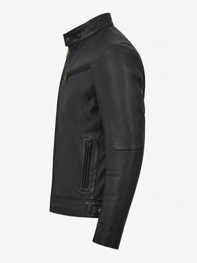 Men's Black Leather Zip Chest-Pocket Jacket Left 
