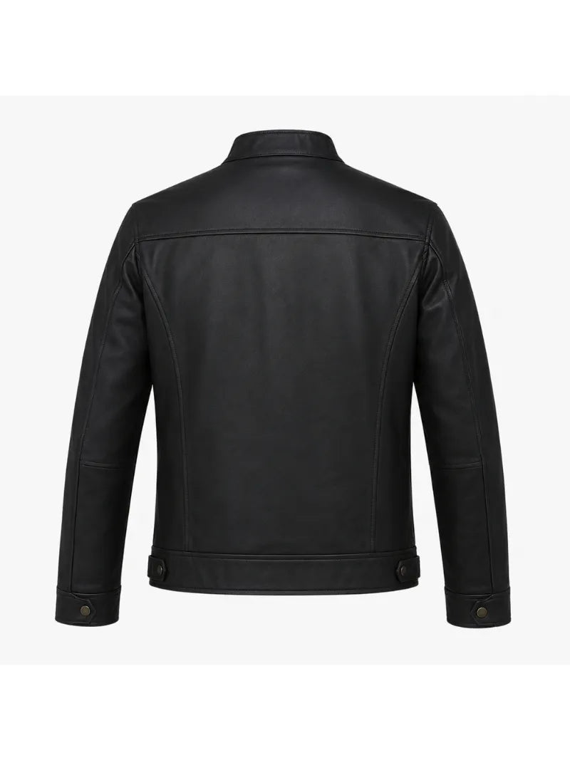 Men's Black Leather Zip Chest-Pocket Jacket Back 