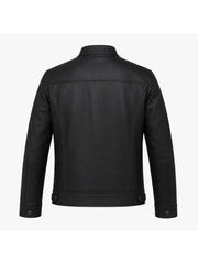 Men's Black Leather Zip Chest-Pocket Jacket Back 