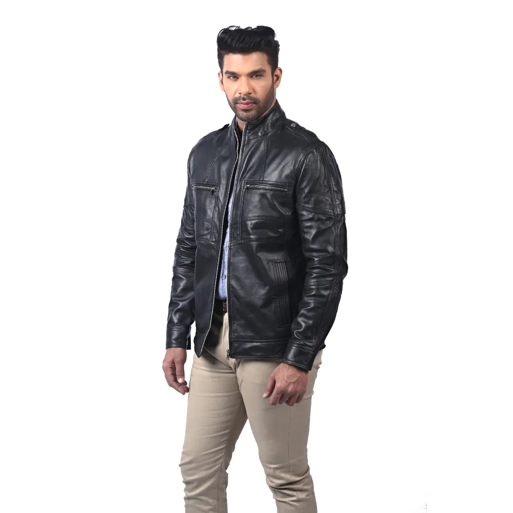 Men’s Black Leather Zip Jacket