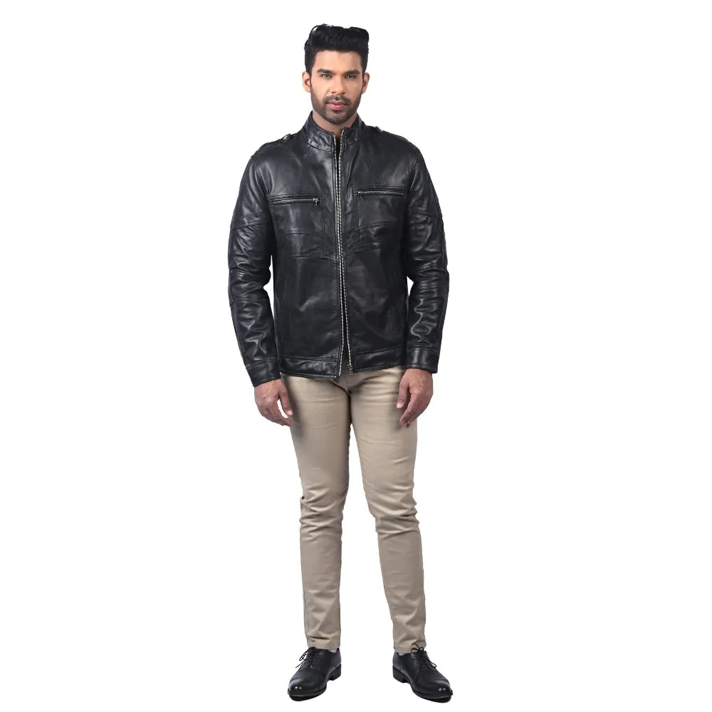 Men’s Black Leather Zip Jacket