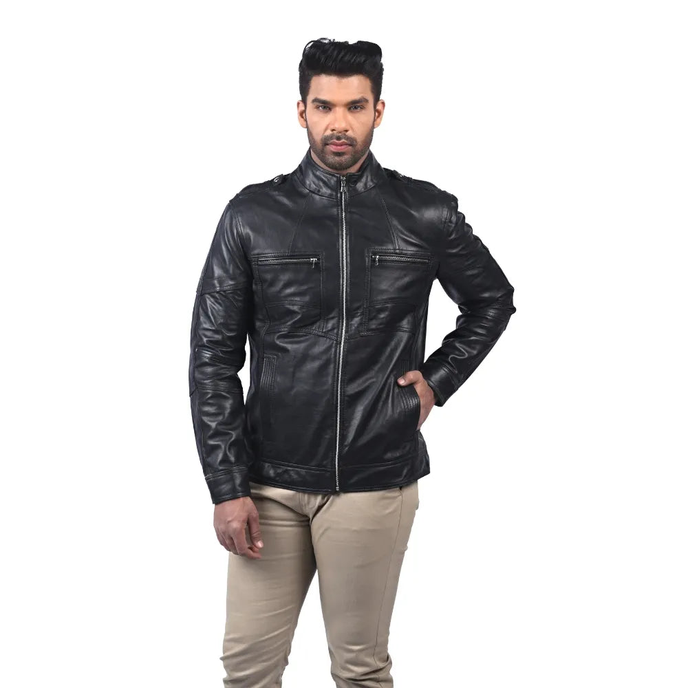 Men’s Black Leather Zip Jacket