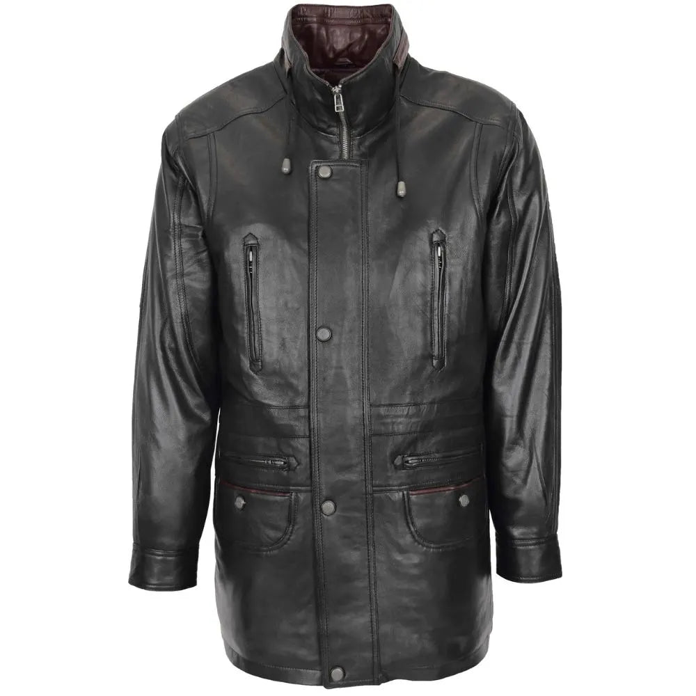 Men’s Black Leather with Brown Collar Coat