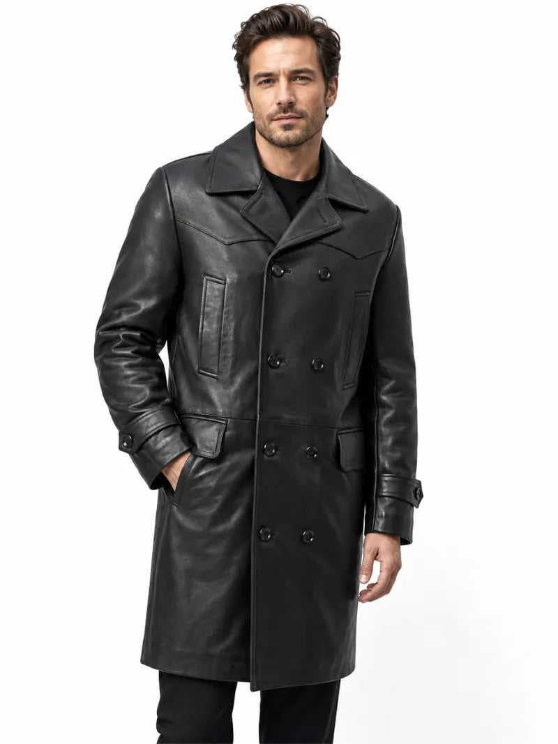 Men's Black Long Leather Coat