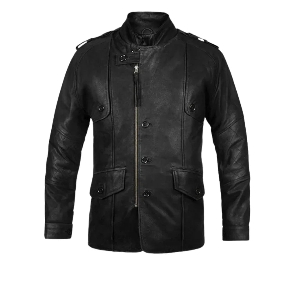 Men’s Black Button & Zip up Leather Jacket