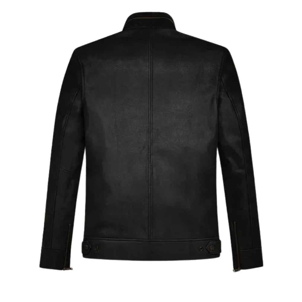 Men’s Simple Black Leather Jacket with Epaulets