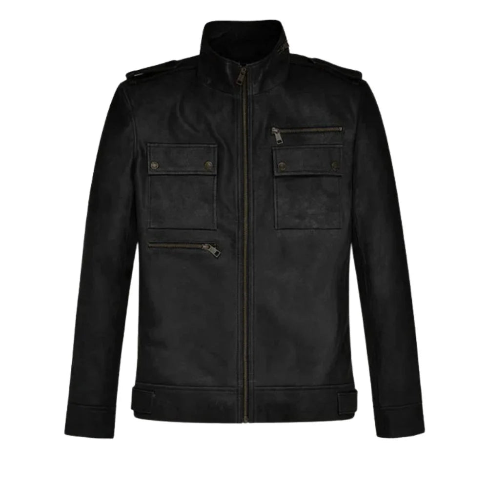 Men’s Simple Black Leather Jacket with Epaulets